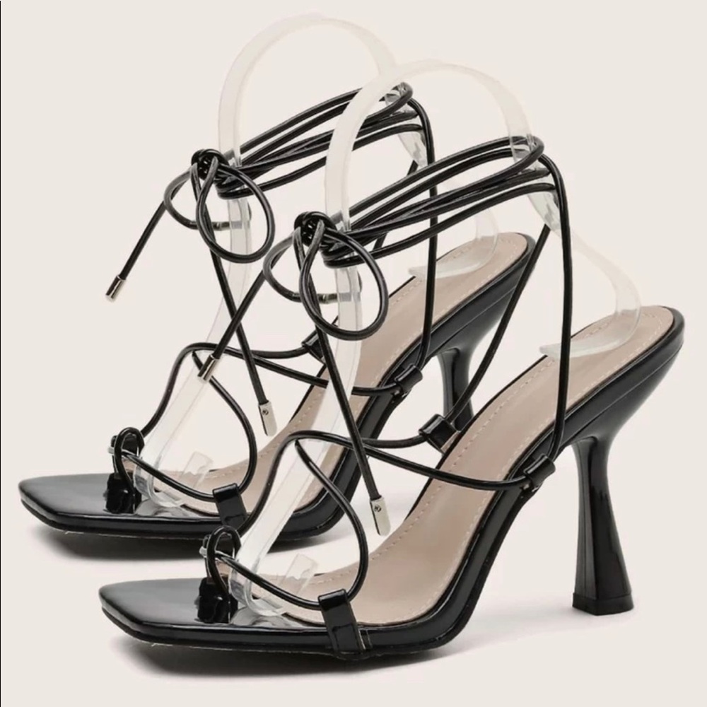 Black Leg Tie Heels Faux Leather